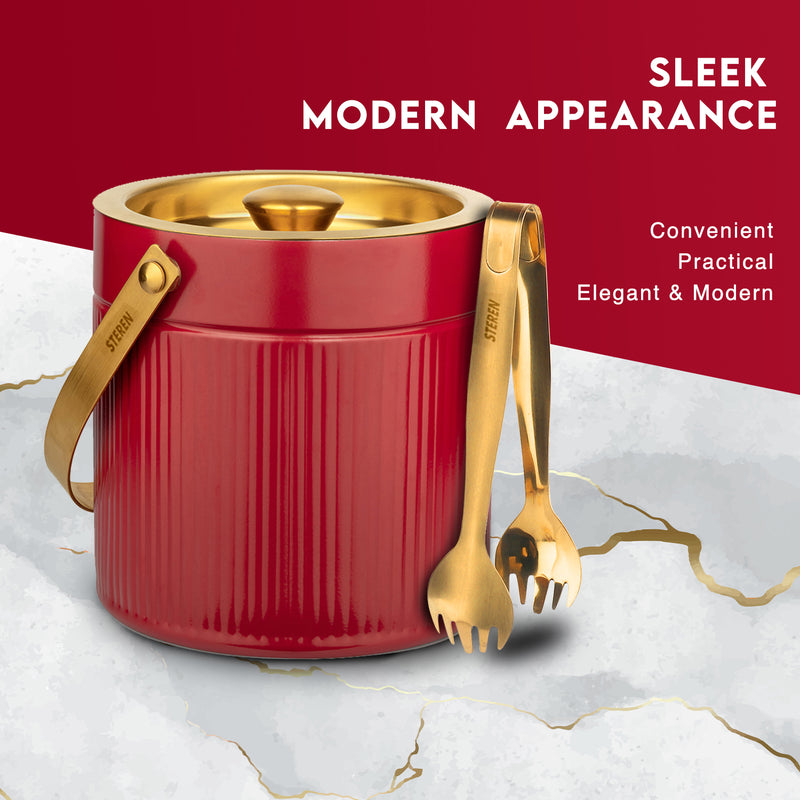 Stainless Steel Double Wall Pattern Design Ice Bucket with Tong - Cherry & Gold (PVD Coated)