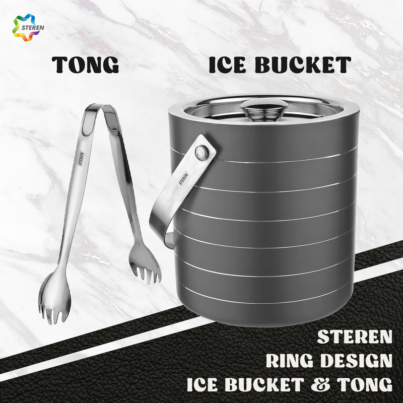 Stainless Steel Double Wall Ice Bucket with Tong - Gun Metal | 2 Whiskey Glasses FREE