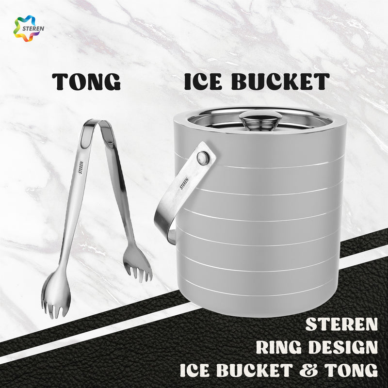 Stainless Steel Ice Bucket with Tong, Peg Measurer & Cocktail Shaker - Off White