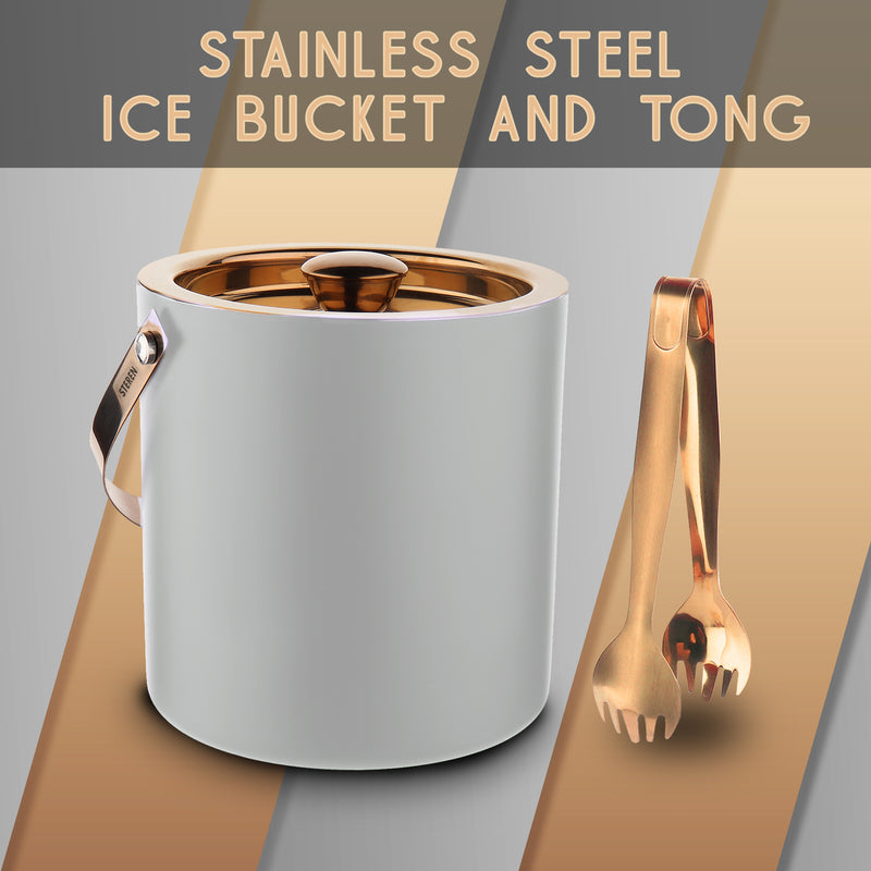 Stainless Steel - Double Wall Ice Bucket with Tong - Off White & Copper