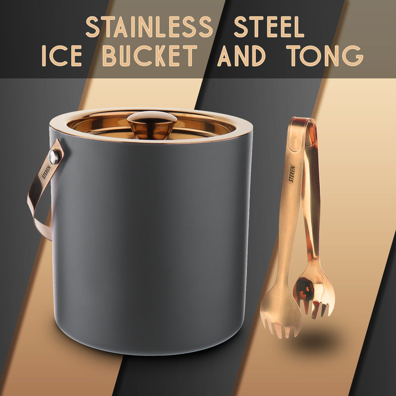 Stainless Steel - Double Wall Ice Bucket with Tong - Gun Metal & Copper