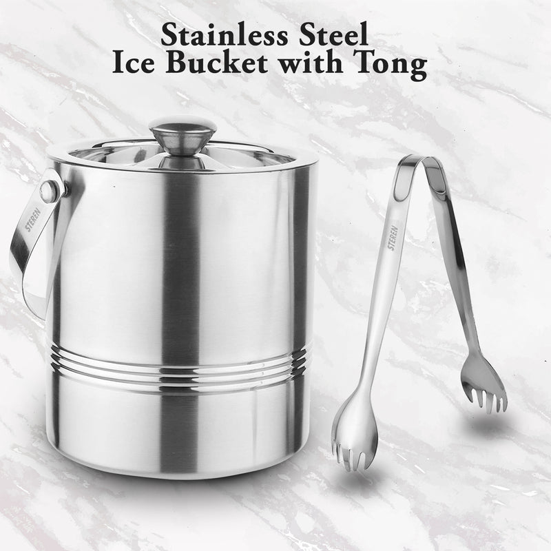 Stainless Steel - Double Wall Ice Bucket with Tong - Wave