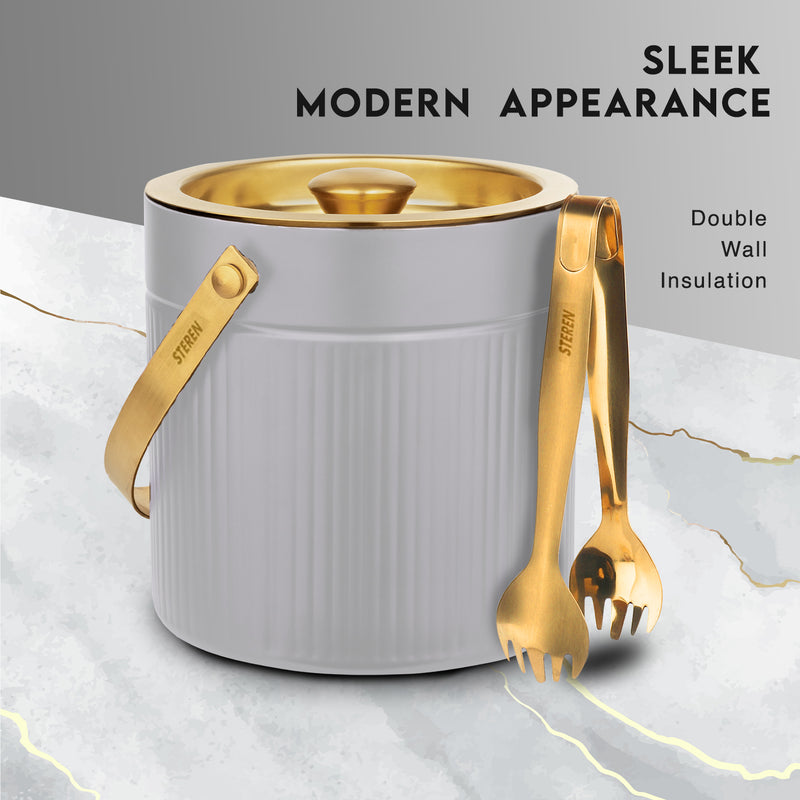 Stainless Steel - Double Wall Pattern Design Ice Bucket with Tong - Off White & Gold (PVD Coated)