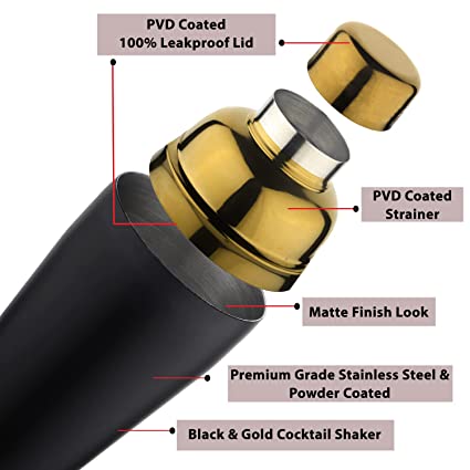 Stainless Steel - Cocktail Shaker Black & Gold (PVD Coated) - 500 ml