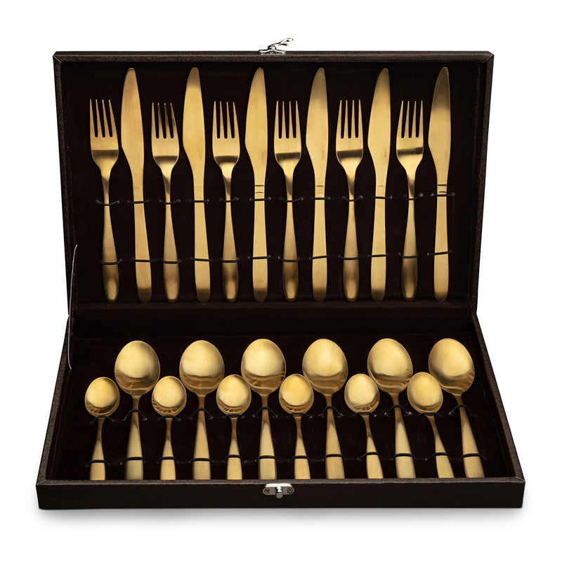 Cyra - Gold PVD Coated Premium Stainless Steel Cutlery Set with Portable Gift Box - Matt, 24 Pcs Set