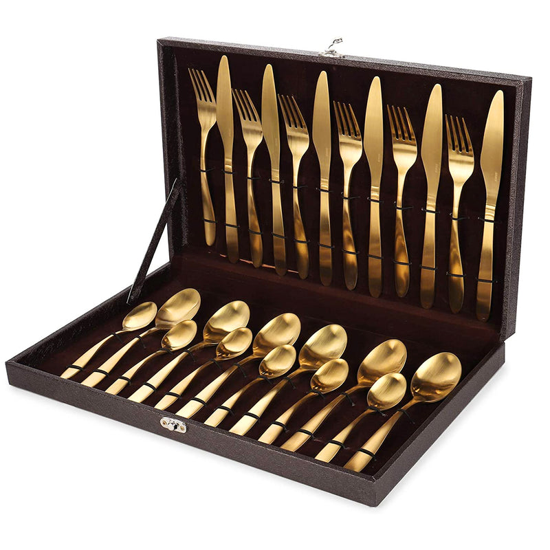 Cyra - Gold PVD Coated Premium Stainless Steel Cutlery Set with Portable Gift Box - Glossy, 24 Pcs Set