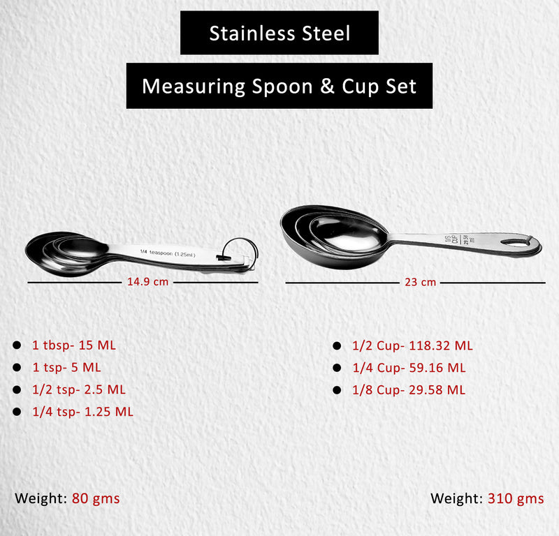 Stainless Steel - Measuring Cup & Spoon Set, Oval Shaped - Matt Finish