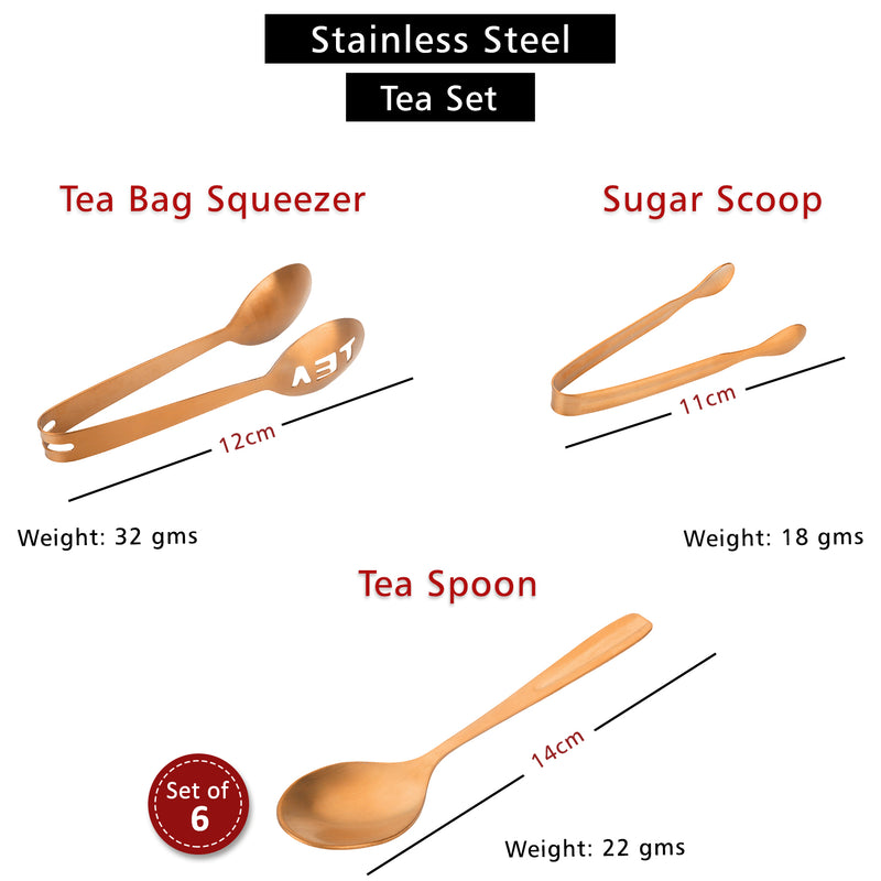 Stainless Steel Tea Set - Tea Bag Squeezer, Sugar Scoop & 6 Tea Spoons