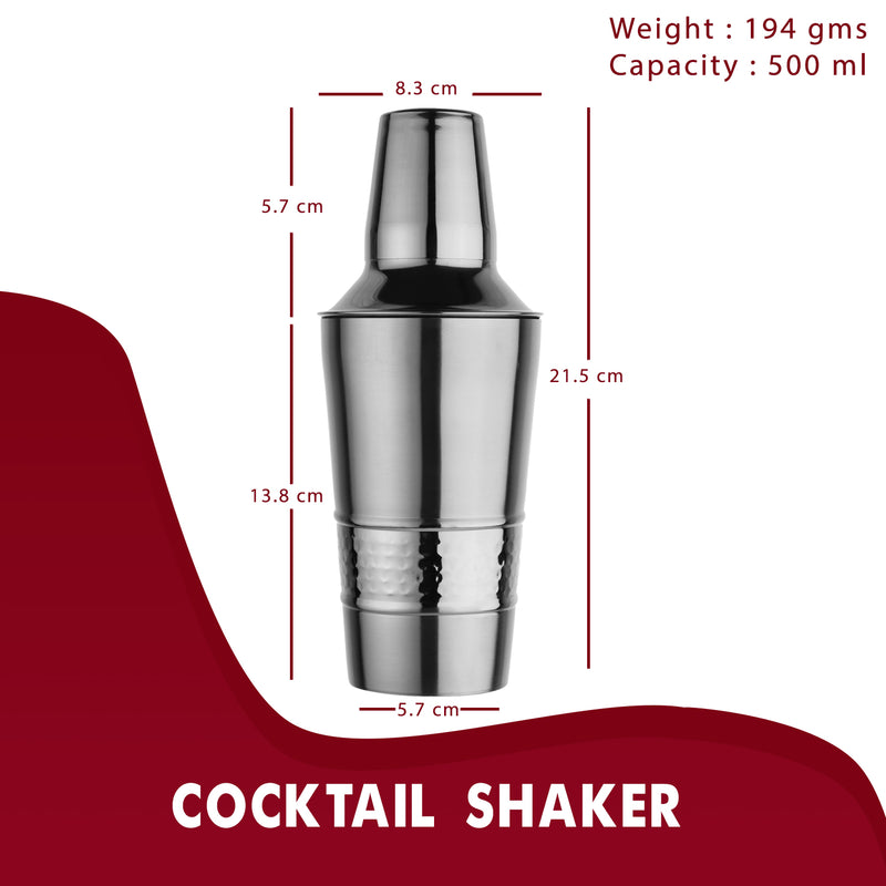 Cocktail Shaker with Built-in Bartender Strainer & Peg Measurer - Hammered Band, 500 ml