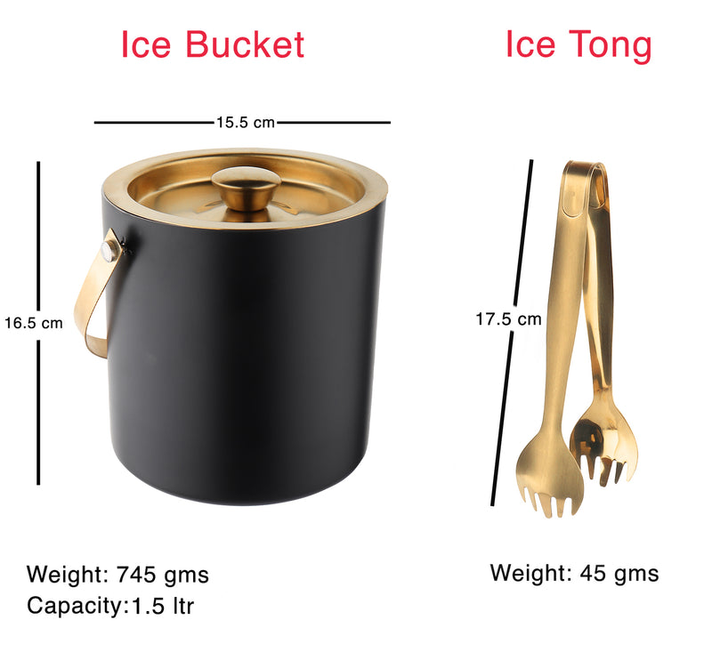 Stainless Steel - Double Wall Ice Bucket with Tong - Black & Gold | Upto 4 Whiskey Glasses FREE