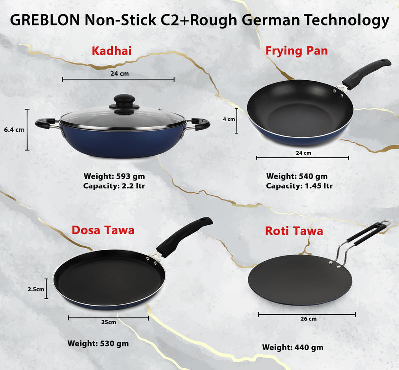 GREBLON Non Stick Cookware - Set of 5 Piece (Gas Stove Compatible Only) - Blue (Free Tadka Pan)