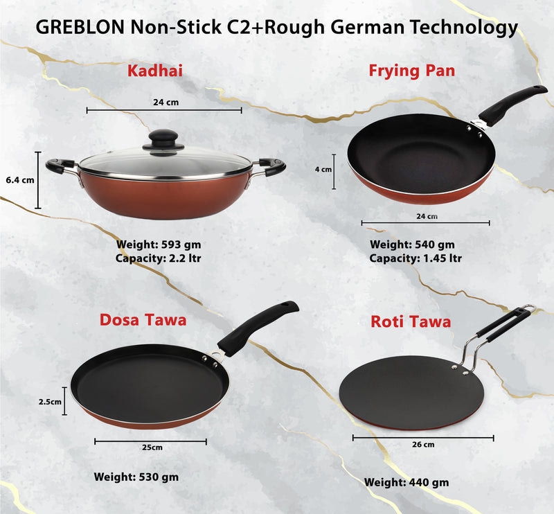 GREBLON Non Stick Cookware - Set of 5 Piece (Gas Stove Compatible Only) - Copper (Free Tadka Pan)