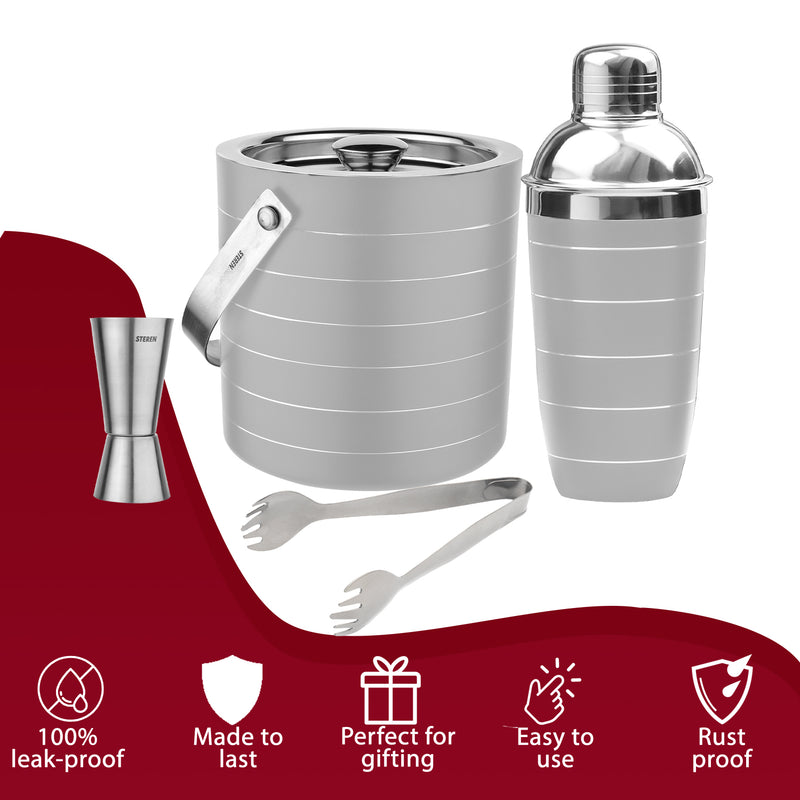 Stainless Steel Ice Bucket with Tong, Peg Measurer & Cocktail Shaker - Off White