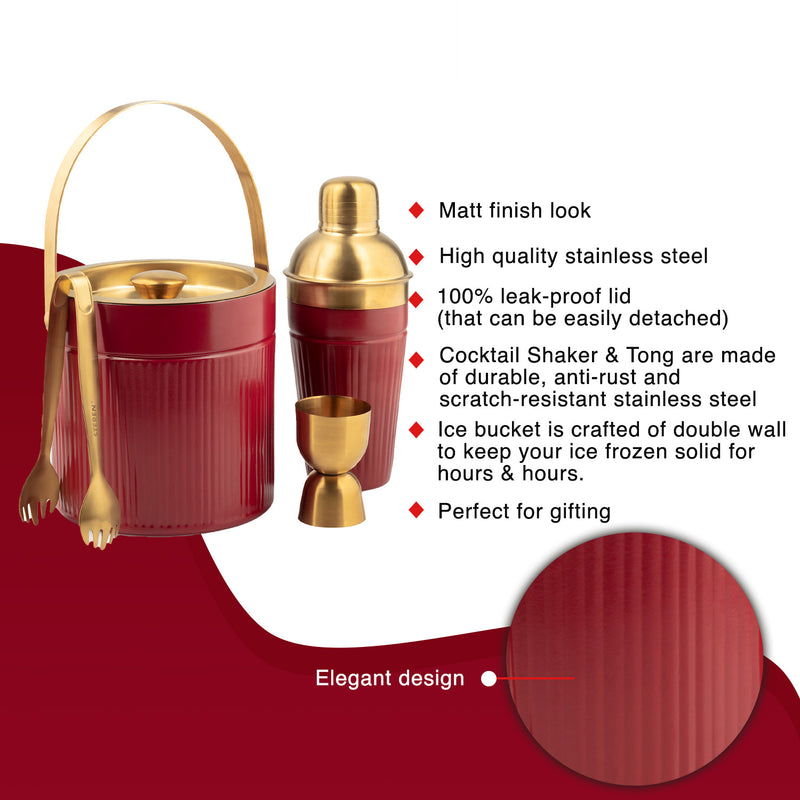 Stainless Steel Pattern Design Cherry & Gold Double Wall Bar Set - 4 Pcs