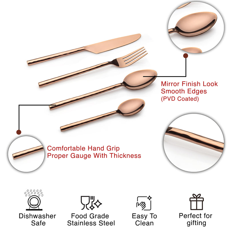 Aura - Copper (PVD Coated) Premium Stainless Steel Cutlery - Glossy, 24 Pcs Set