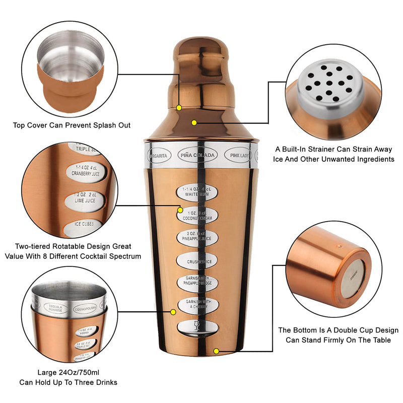 8 Drink Recipe Cocktail Shaker with Strainer (PVD Coated) - Copper, 750 ml by Steren Impex