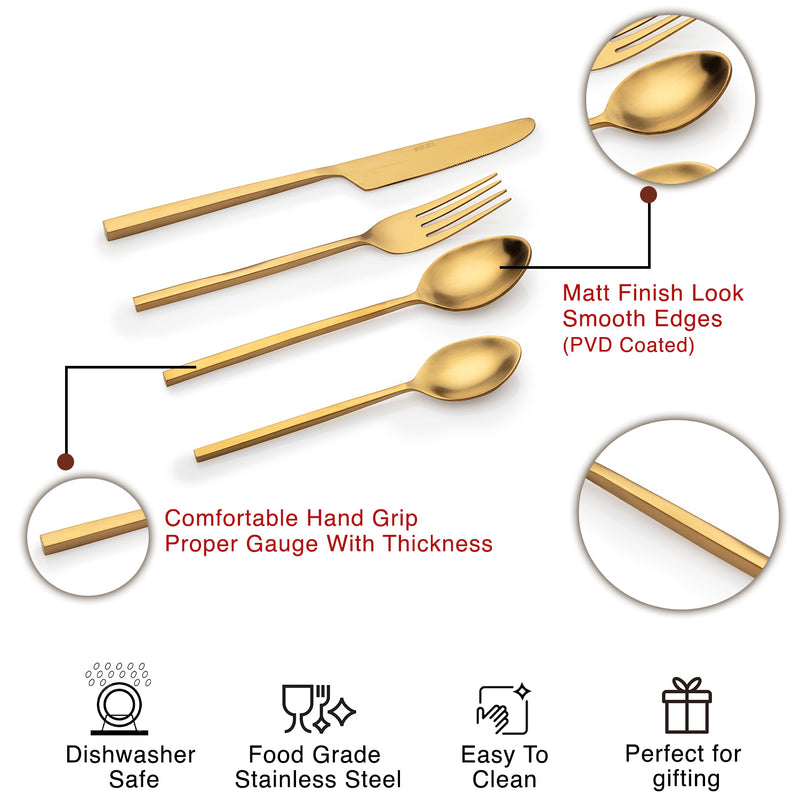 Ridge - Gold (PVD Coated) Premium Stainless Steel Cutlery - Matt, 24 Pcs Set