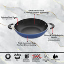 GREBLON Non Stick Kadhai with Glass Lid (Gas Stove Compatible Only) - Blue, 24cm