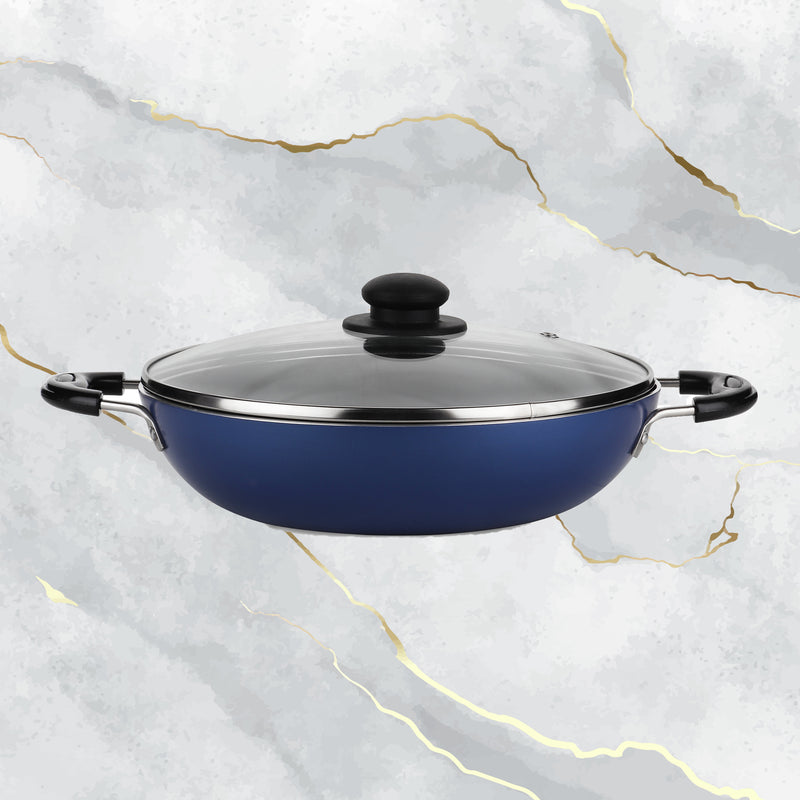 GREBLON Non Stick Kadhai with Glass Lid (Gas Stove Compatible Only) - Blue, 26cm