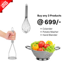 Stainless Steel - Colander (with handles), Potato Masher and Hand Blender just @699
