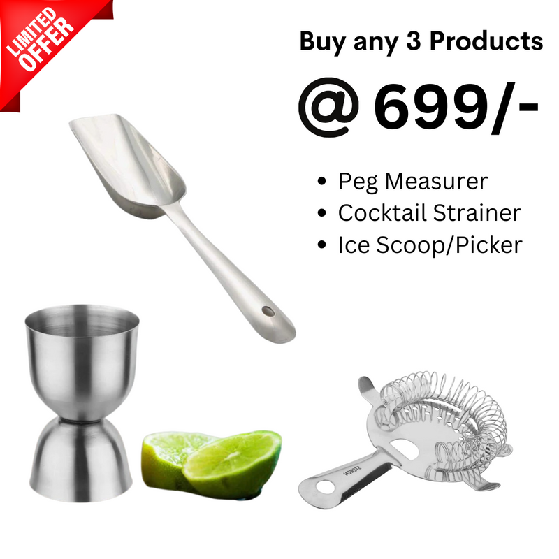 Stainless Steel - Peg Measurer 30/60 ml, Cocktail Strainer and Ice Scoop/Picker just @699