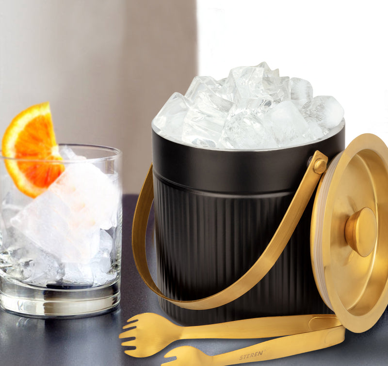 Stainless Steel - Double Wall Pattern Design Ice Bucket with Tong - Black & Gold (PVD Coated)