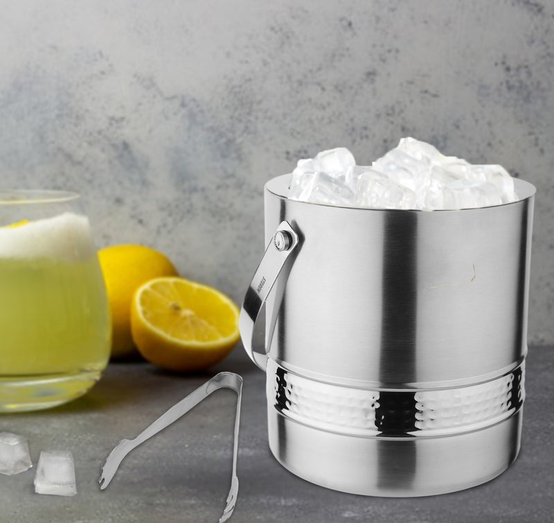 Stainless Steel - Double Wall Ice Bucket with Tong - Hammered Band
