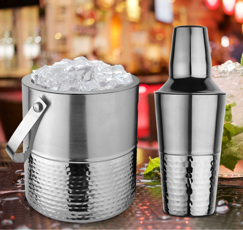 Stainless Steel Ice Bucket with Tong, Peg Measurer & Cocktail Shaker - Half Hammered
