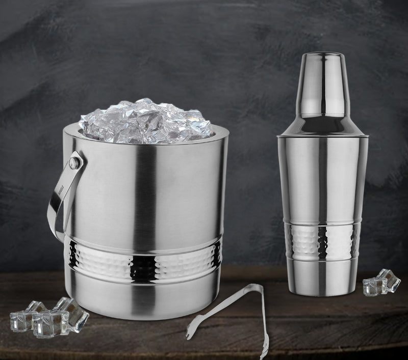 Stainless Steel Ice Bucket with Tong, Peg Measurer & Cocktail Shaker - Hammered Band