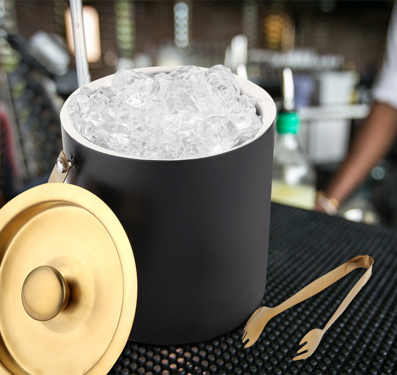 Stainless Steel - Double Wall Ice Bucket with Tong - Black & Gold | Upto 4 Whiskey Glasses FREE