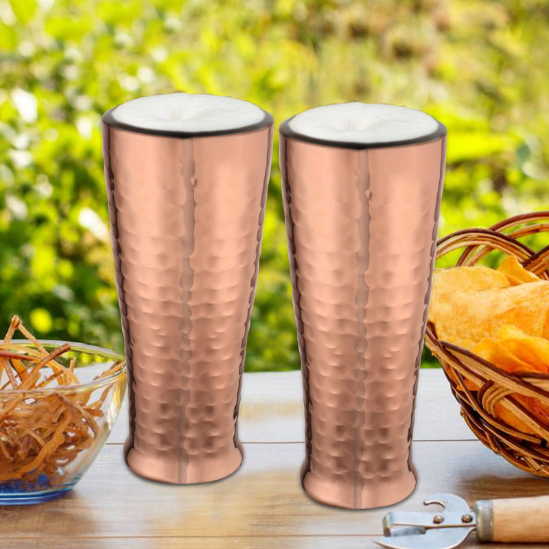 Stainless Steel Tall Hammered Double Wall Beer Glass/Tumbler - Set of 2