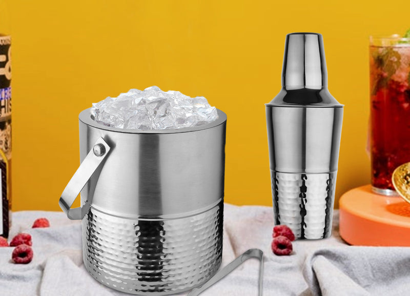 Stainless Steel Ice Bucket with Tong, Peg Measurer & Cocktail Shaker - Half Hammered