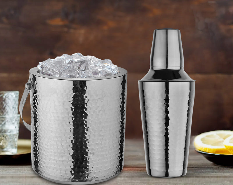 Stainless Steel Ice Bucket with Tong, Peg Measurer & Cocktail Shaker - Full Hammered