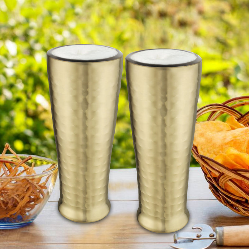 Stainless Steel Tall Hammered Double Wall Beer Glass/Tumbler - Set of 2
