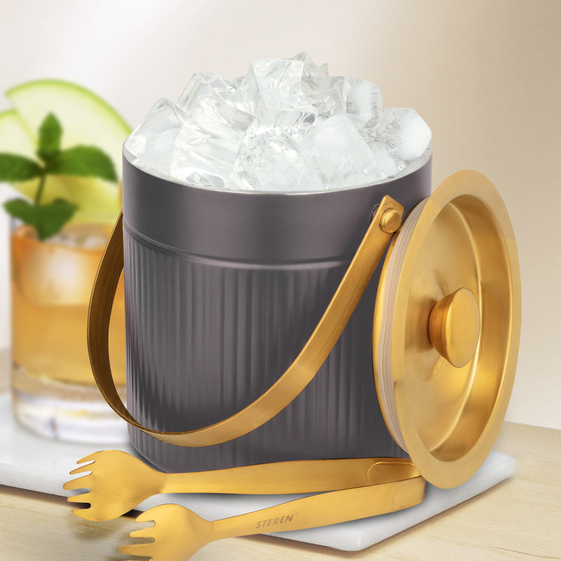Stainless Steel - Double Wall Pattern Design Ice Bucket with Tong - Gun Metal & Gold (PVD Coated)