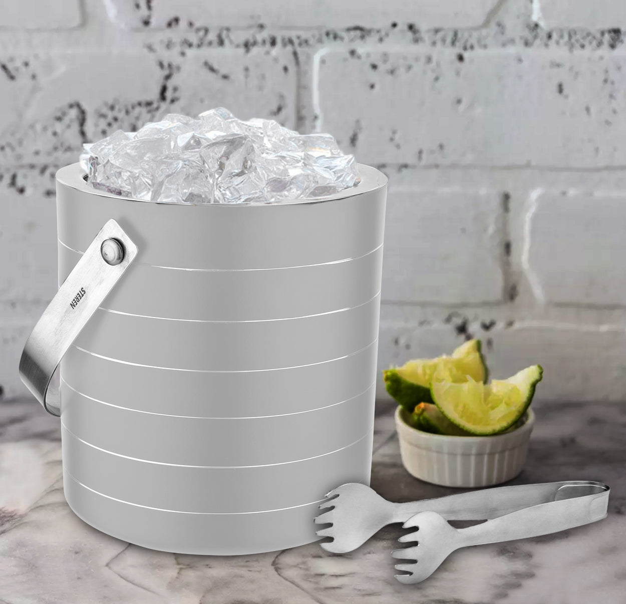 Stainless Steel Double Wall Ice Bucket with Tong - Off White | 2 Whisk
