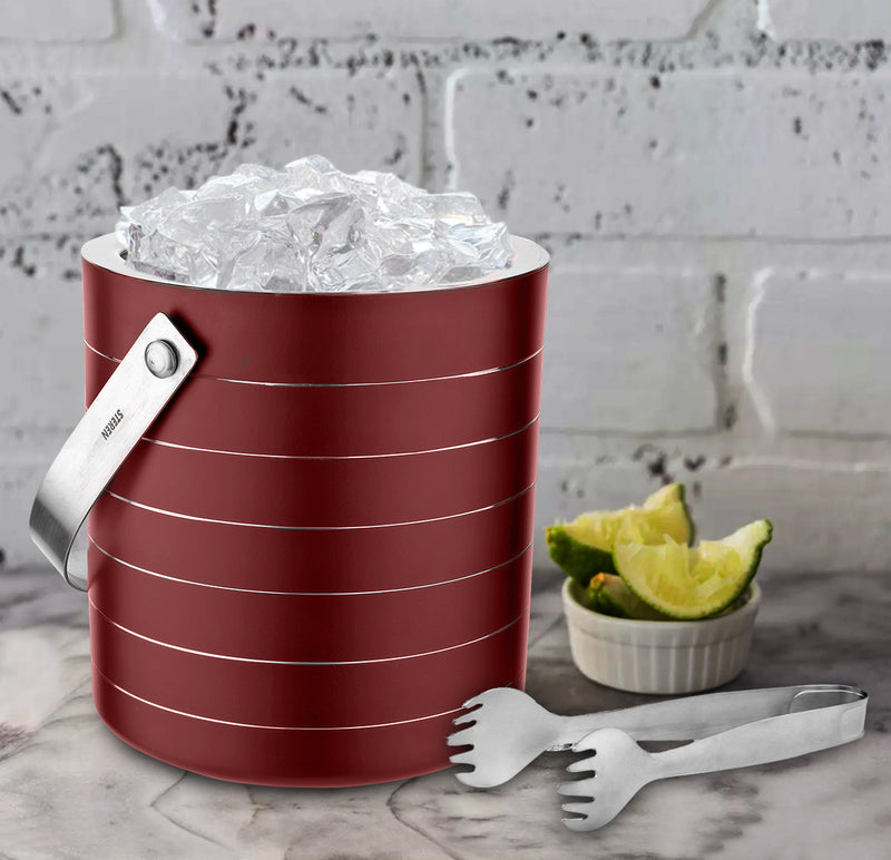 Stainless Steel Double Wall Ice Bucket with Tong - Cherry | 2 Whiskey Glasses FREE