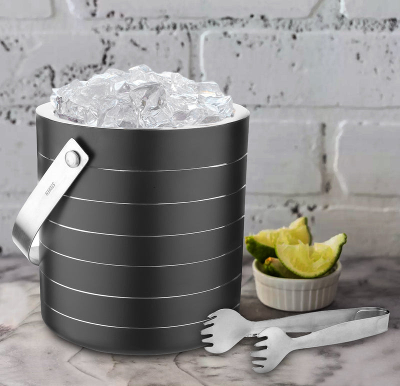 Stainless Steel Double Wall Ice Bucket with Tong - Black | 2 Whiskey Glasses FREE