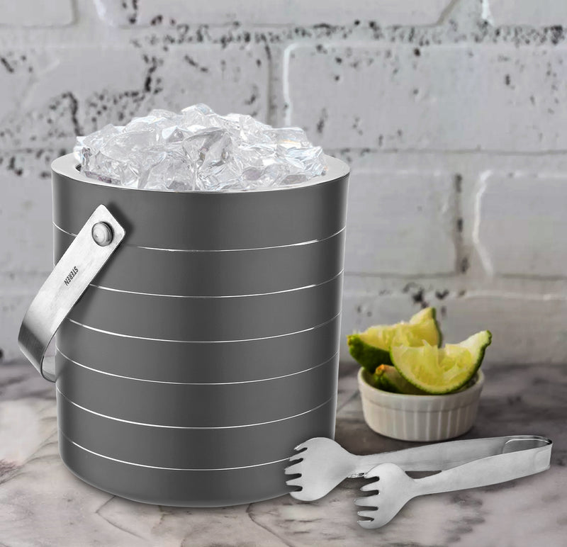 Stainless Steel Double Wall Ice Bucket with Tong - Gun Metal | 2 Whiskey Glasses FREE
