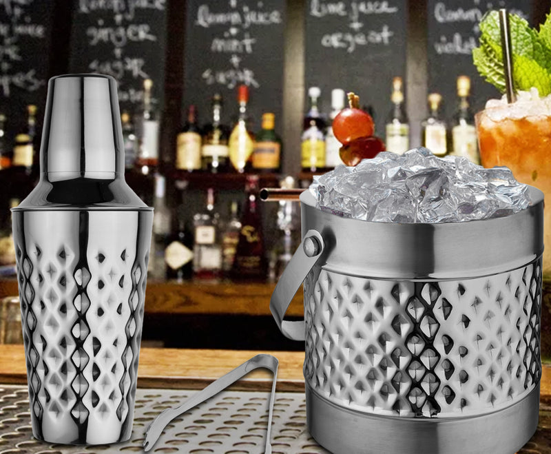 Stainless Steel Ice Bucket with Tong, Peg Measurer & Cocktail Shaker - Diamond