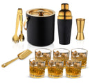 Stainless Steel Premium Black & Copper Bar Set for Drink/Gift, Ice Bucket, Cocktail Shaker, Ice Scooper, Peg Measure/Jigger & Tong with Set of 6 Drink Glasses