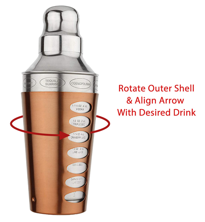 8 Drink Recipe Cocktail Shaker with Strainer - Bronze, 750 ml by Steren Impex
