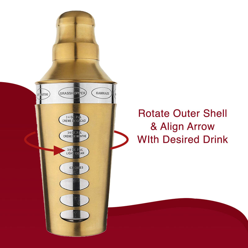 8 Drink Recipe Cocktail Shaker with Strainer (PVD Coated) - Gold, 750 ml by Steren Impex