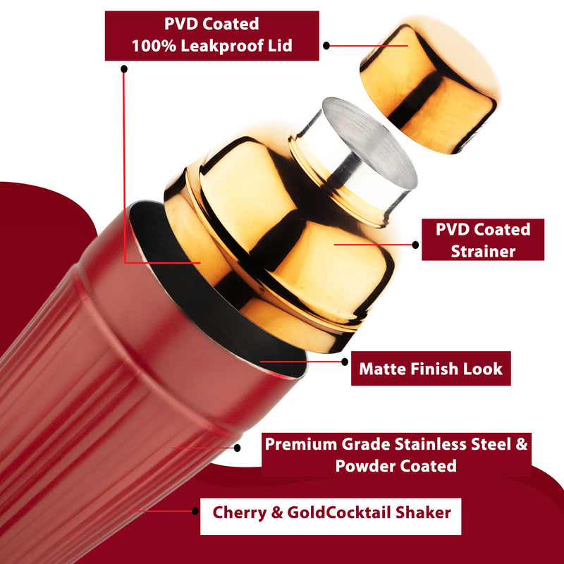 Stainless Steel - Pattern Design Cocktail Shaker Cherry & Gold (PVD Coated) - 500 ml